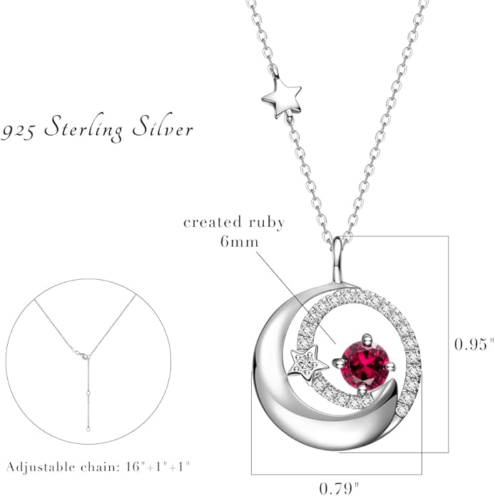 FANCIME Birthstone Necklaces 925 Sterling Silver Moon and Star Pendant Fine Jewelry Birthday Christmas Gifts for Mom Wife Her Daughter, Adjustable Chain 16+2"