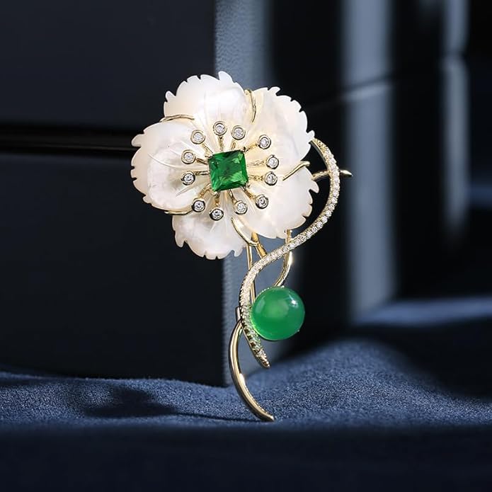 14K Gold Natural Freshwater Pearl Flower Moissanite Brooch, Minimalist Camellia Corsage with Turquoise/Agate, Unique Pin for Suit Accessory, An Elegant Gift