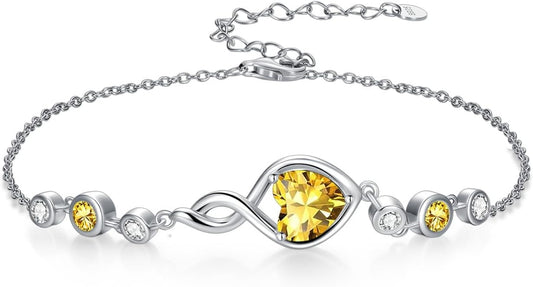 Infinity Birthstone Bracelet 925 Sterling Silver Heart Love Infinity Link Bracelet Fine Jewelry Birthday Christmas Gifts for Women Girlfriend Wife