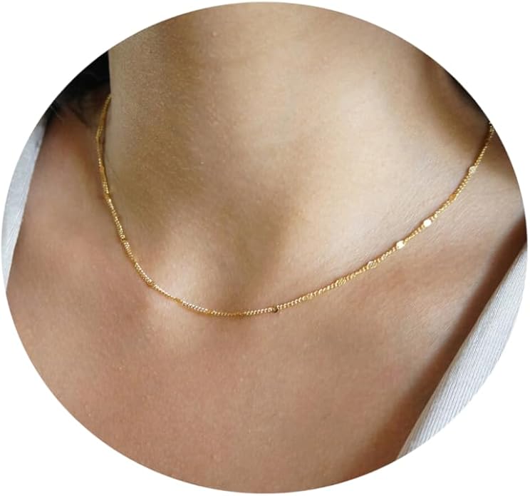 Gold Chain Necklace for Women Dainty 18K Gold Plated Thin Satellite Beaded Turquoise Necklace Simple Gold Boho Jewelry