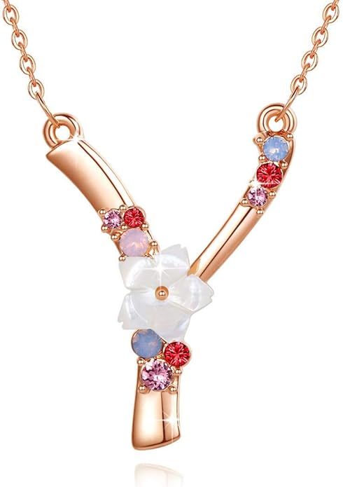Flower Initial Letter Necklace Pink Red Blue Simulated Pearl Pendant Name Jewelry Made with Austrian Crystals Rose Gold Plated Anniversary Birthday Gifts for Women,18"+2"