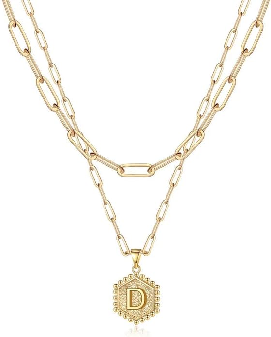 M MOOHAM Dainty Initial Necklaces for Women - Layering Necklace for Women Cute Hexagon Letter Initial Necklace Layered Necklaces for Womens Gifts