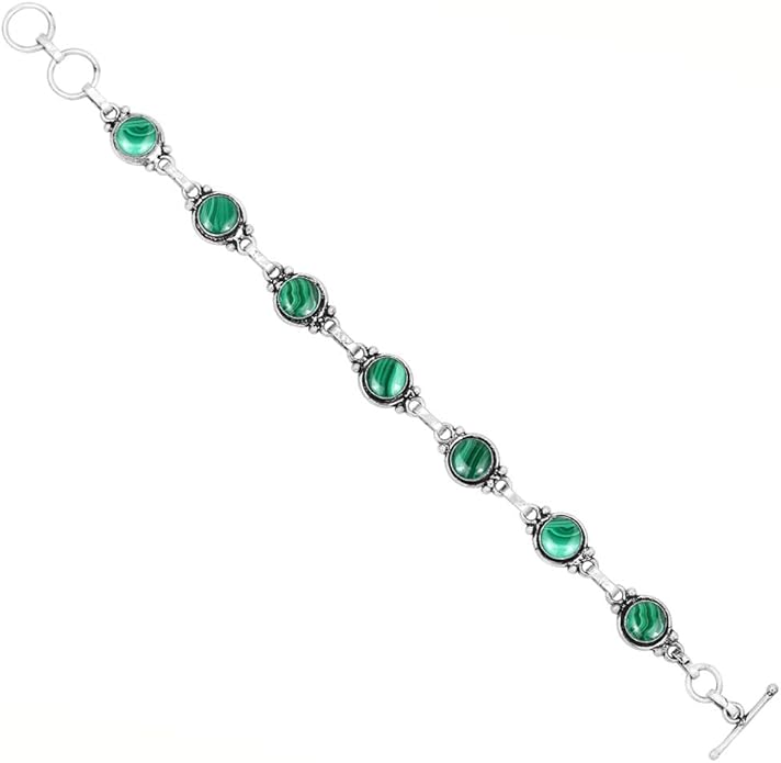 Round Shape Natural & Synthetic Gemstones Silver Plated Bracelets for Women - Vintage Bohemian Style Handmade Birthstone Adjustable Link Bracelet Jewelry Gifts for Wedding Anniversary Mother's Day
