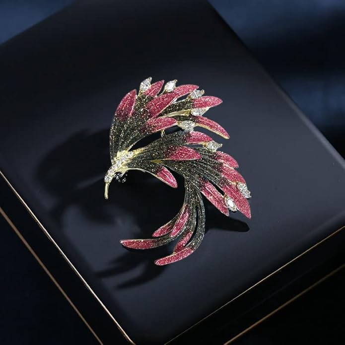14K Gold Phoenix Tail Feather Brooch, Sparkling Moissanite Enamel Brooch - Beautiful Brooch Jewelry Gift