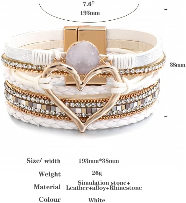 Leather Wrap Bracelet for Women Beaded Cuff Bracelet with Heart-shape Decor Bohemian Crystal Bracelet Jewelry with Clasp Bangle Bracelet for Women Girls Birthday Holiday Gift