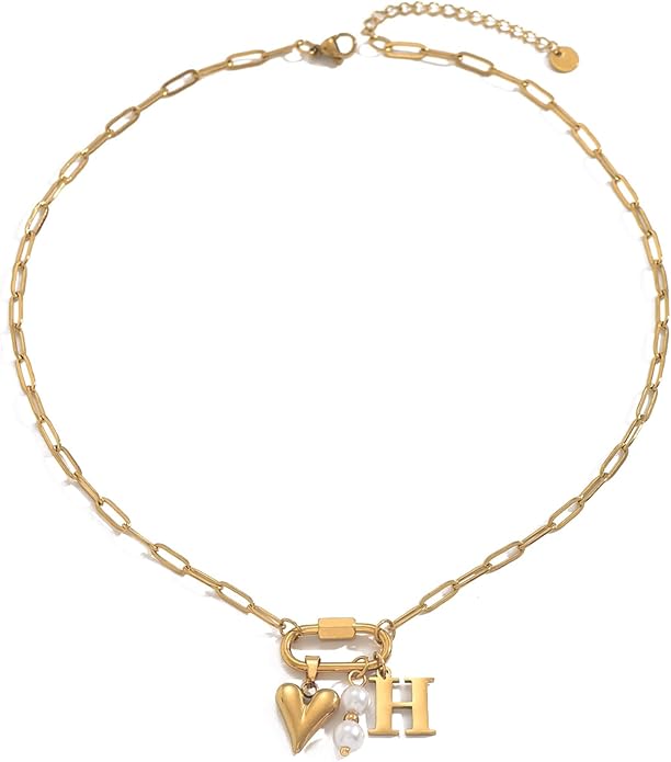 Gold Heart Initial Necklaces for Women 18K Gold Plated Dainty Pearl Letter Necklace Personalized Monogram Name A-Z Pendant Everyday Jewelry for Women