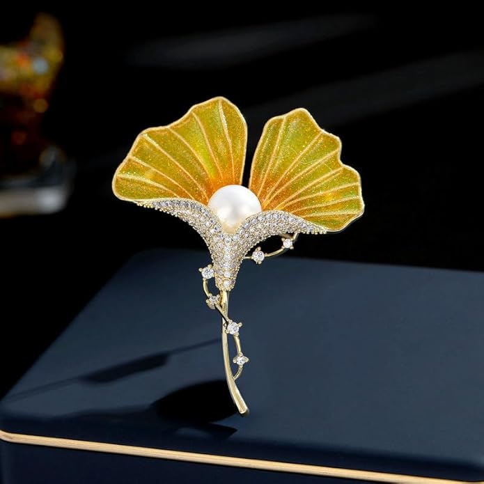 Gold Ginkgo Leaf Brooch Yellow Flower Lapel Pin Blazer Dress Jacket Suit Clothing Jewelry Vintage Inspired Birthday Festival Gift for Women