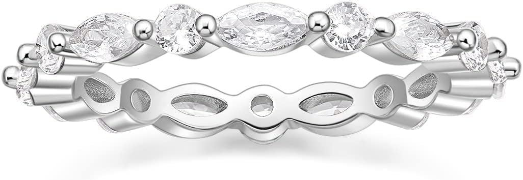EAMTI 2mm 925 Sterling Silver Wedding Band Cubic Zirconia Full Eternity Stackable Engagement Ring Size 3-13