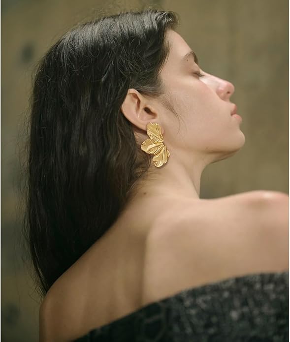 Chunky Gold Statement Earrings For Women Gold Plated Sectored Flower Leaf Shell Angel Wing Earrings Large Stud Earrings Hypoallergenic Earrings