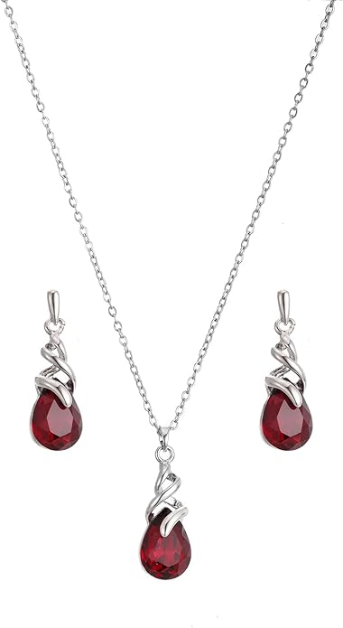 RUOFFETA Teardrop Crystal Jewelry Set, Birthstone Pendant Necklace Drop Dangle Earrings for Women
