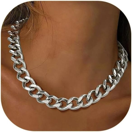 ChainsPro Cuban Link Chain for Women,Stainless Steel Chunky Necklace Silver/Gold Plated Thick Chain Choker, 12/16/20 mm Width,18" and 20" Punk Hip Hop Trendy Non Tarnish Jewelry Gifts