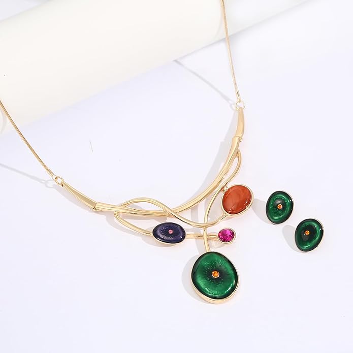 Chunky Statement Jewelry Set Vintage Retro Leaf Flower Floral Geometric Bohemian Boho Bib Necklace Earring Set Fashion Costume Jewelry for Women Girls Wedding Party Prom Unique Gift