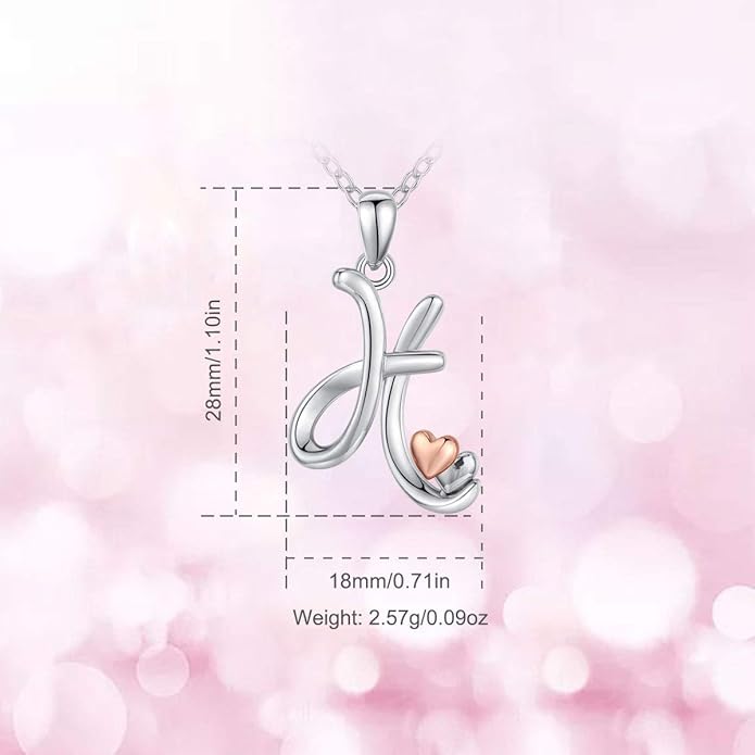 CELESTIA 925 Sterling Silver Initial Necklaces 26 Letter with Rose Gold Heart - 18 Inch Chain