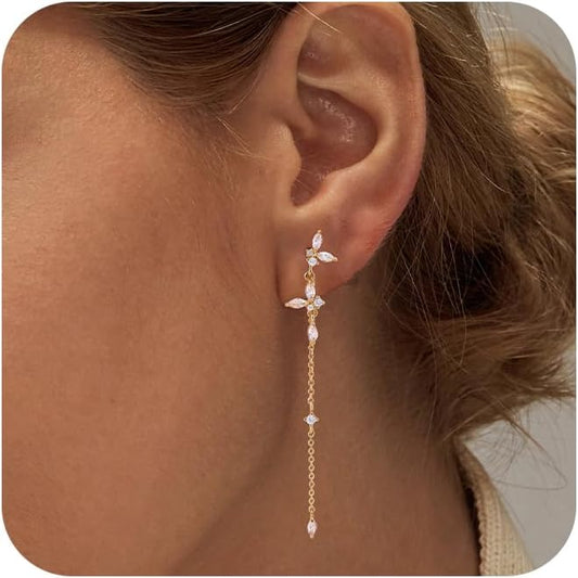 14K Gold Plated Butterfly Dangle Earrings for Women - Dainty, Trendy, Hypoallergenic CZ Drop Earrings - Simple Long Dangling Jewelry