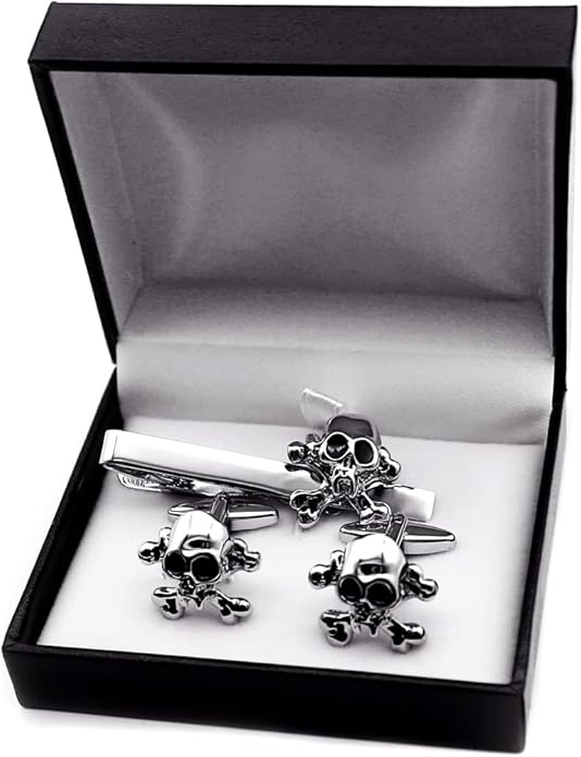 Punk Skull Cufflinks & Tie Clip for Men, Unique Cool 3D Skeleton Cuff-Links Necktie Bar Set, Silver Gothic Pirate Button & Stickpin, Novelty Tie Bars for Wedding & Cosplay Theme Party, Gift for Groomsmen Grooms - Love Forever till Death