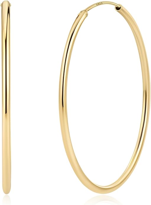 ChicSilver Hypoallergenic 925 Sterling Silver Hoop Earrings for Women, Lightweight Large Gold Plated Hoop Earrings, Endless Hoops Huggie Earrings 15/20/30/50/70MM