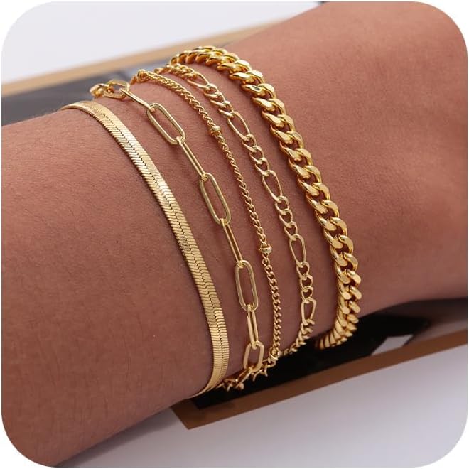 DEARMAY 14K Gold Plated Bracelets for Women Waterproof, Jewelry Sets Trendy Thin Dainty Stackable Cuban Link Paperclip Chain Bracelet Pack Fashion Accessories Gifts for Womens