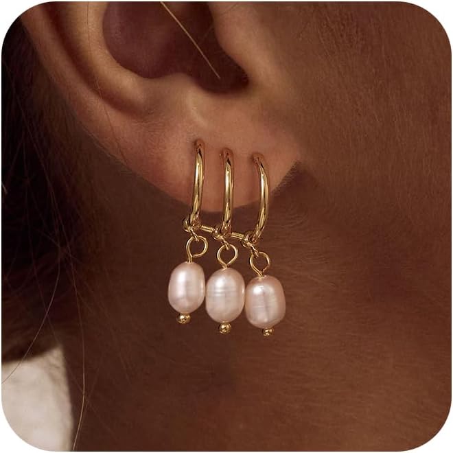 14K Gold Plated Pearl Dangle Earrings for Women, Small Pearl Drop Huggie Hoop Earrings, Hypoallergenic Dainty Gold Wedding Earrings Jewelry Gifts for Women Trendy