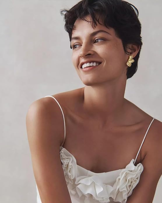 Chunky Gold Statement Earrings For Women Gold Plated Sectored Flower Leaf Shell Angel Wing Earrings Large Stud Earrings Hypoallergenic Earrings