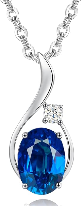 FANCIME 14K Solid White Gold Oval Gemstone Necklace with Diamond Pendant Gifts for Mom Women,16"+2" Inches