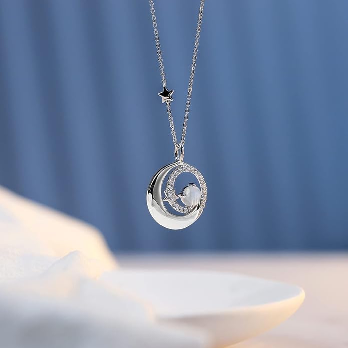 FANCIME Birthstone Necklaces 925 Sterling Silver Moon and Star Pendant Fine Jewelry Birthday Christmas Gifts for Mom Wife Her Daughter, Adjustable Chain 16+2"