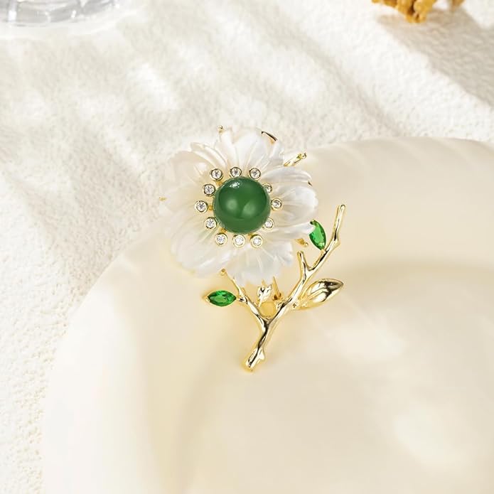 14K Gold Natural Freshwater Pearl Flower Moissanite Brooch, Minimalist Camellia Corsage with Turquoise/Agate, Unique Pin for Suit Accessory, An Elegant Gift