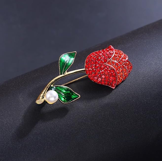 Just Follow Red Rose Flower Brooch with Rhinestones Sparkling Floral Pin for Women Vintage Blazer Jacket Dress Hat Scarf Accessory