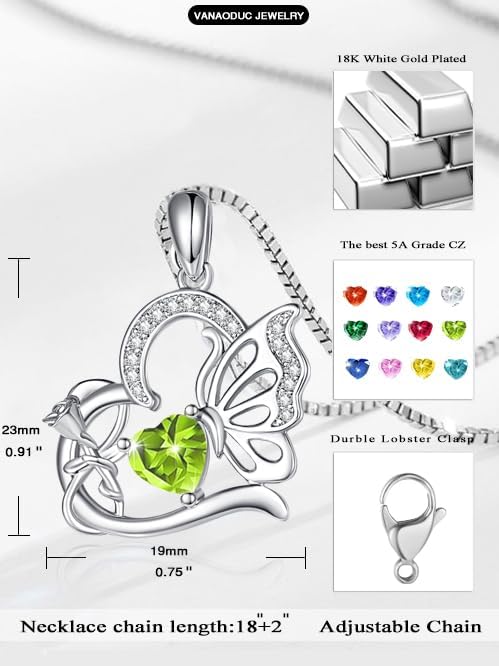 Birthstone Heart butterfly Necklace for Women, Infinity Pendant 14K Gold /18K White Gold Womens Necklaces, Jewelry Anniversary Birthday Christmas Gifts for Her Mom Wife﻿
