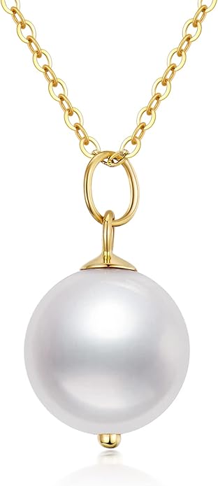 14K Solid Gold Pearl Necklace for Women, Real Gold Freshwater Cultured Single Pearl Pendant Anniversary Jewelry Gifts for Her, Wife, Mom 16"-18"