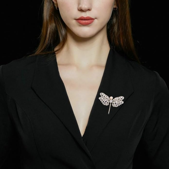 14K Gold Exquisite Dragonfly Brooch Adorned with Colorful Gemstones and Lustrous Pearls, Chic Brooch Accent for Special Events, Ideal for Stylish Women