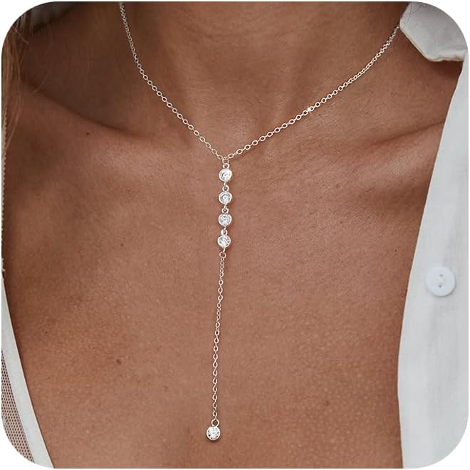 Foxgirl Lariat Gold Necklace for Women, Dainty Long Necklace 14k Gold Plated/Silver Y-Shaped Pendant Necklace Trendy Layered Cz Beaded Chain Drop Necklaces Simple Gold Jewelry For Women Gift