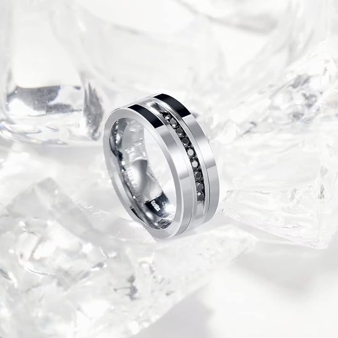 King Will Mens Tungsten Wedding Band with Cubic Zircon Inlay 7mm/8mm Flat Cut Comfort Fit Engagement Rings