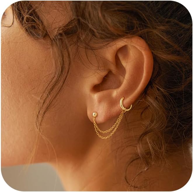 Freekiss Gold Chain Studs Earrings for Women Trendy: Hypoallergenic 14K Gold Plated Dangle Earrings Dainty Small Long Chain Earring Set Fashion Gold Jewelry for Women