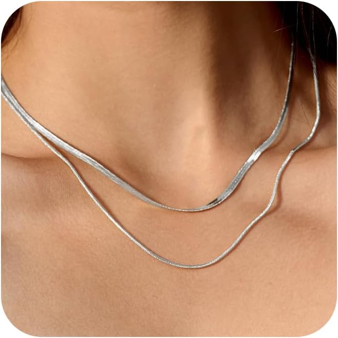 CHESKY 14K Gold/Silver Plated Snake Chain Necklace Herringbone Necklace Gold Choker Necklaces for Women Gifts Jewelry 1.5/3/5MM(W) 14"/16"(L)