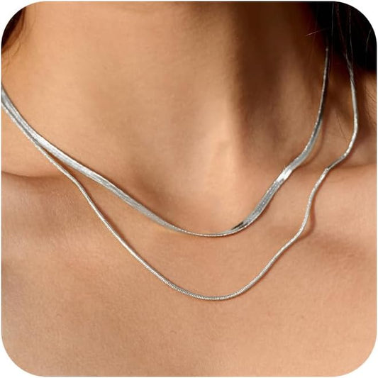 CHESKY 14K Gold/Silver Plated Snake Chain Necklace Herringbone Necklace Gold Choker Necklaces for Women Gifts Jewelry 1.5/3/5MM(W) 14"/16"(L)