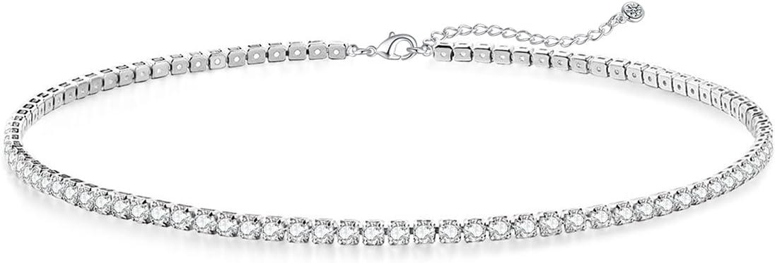 Tennis Necklace Bracelet for Women, Sterling Sliver, Dainty Chocker Necklace, Crystal Bracelet for Women, Wedding Jewelry for Bride, Sparkly Party Prom Hypoallergenic