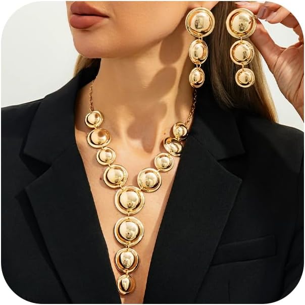 Exaggerated Chunky Gold Choker Long Y Necklace Round Drop Earring Set for Women Unique Big Geometry Silver Necklaces Large Dangly Earring Jewelry Gift