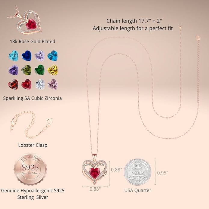 Birthstone Heart Necklace for Women Wife Girlfriend Mom Daughter Gifts S925 Silver Jewelry For Anniversary Rose Gold Gifts For Birthday Christmas Mothers Valentines Day