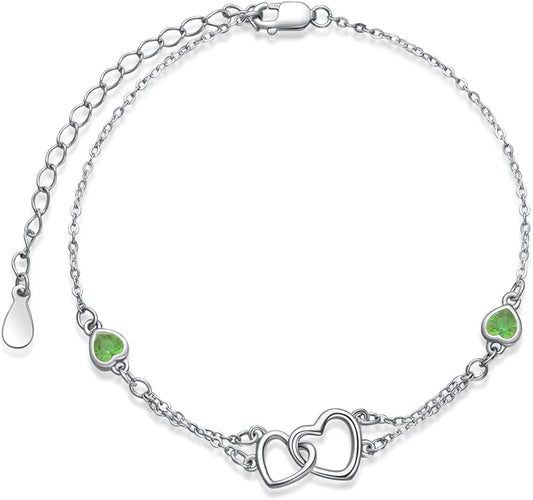 Dorunmo Anklet/Bracelet for Women 925 Sterling Silver Birthstone Jewelry Cubic Zirconia Double Heart Chain Jewelry for Mom Wife Friend Bride Valentine's Day Christmas Birthday Mother's Day