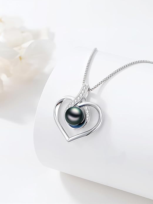 KANNSOAR Tahitian Black Pearl AAAA 18K White Gold Plated Sterling Silver Heart Pendant Necklace for Women Wife Mom Girlfriend Valentine Her Jewelry Gift for Anniversary Birthday Christmas