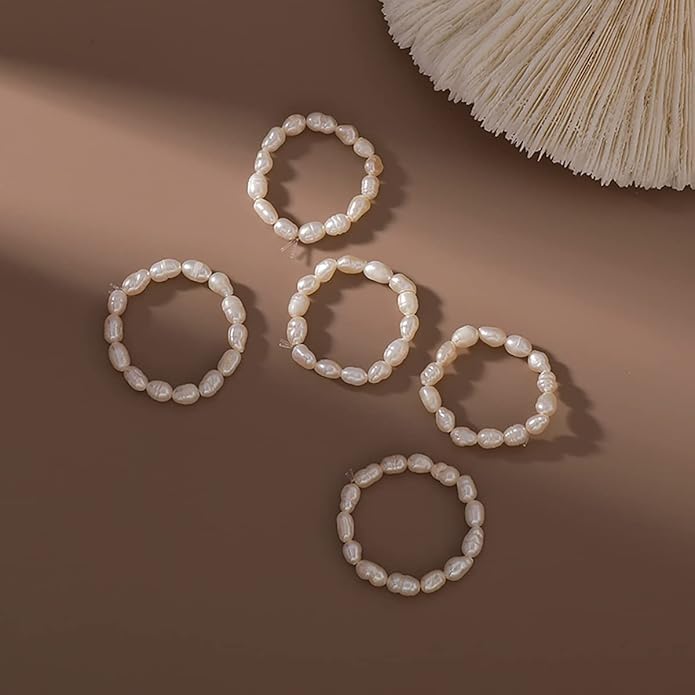 Vintage Boho Cultured Pearl Adjustable Beaded Wrap Ring,Trendy Elastic Freshwater Pearl Rings for Women,Fashion Heart Shell Stacking Rings for Men