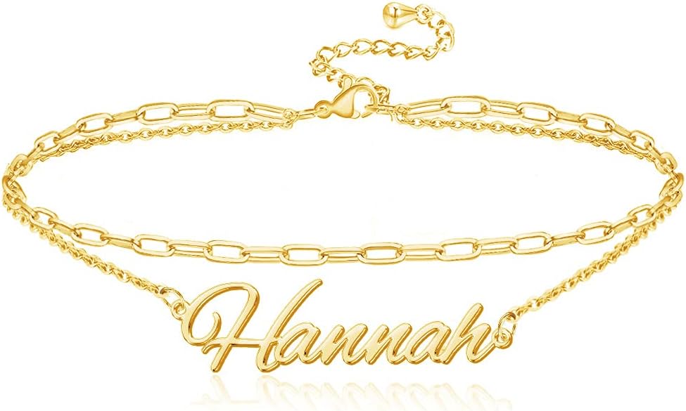 Personalized Name Ankle Bracelet for Women Custom Layered Name Anklet with Initials 18K Gold Plated Graduation Gift Customized Anklets for Women 8.7”-10.7”