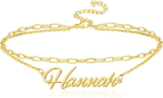 Personalized Name Ankle Bracelet for Women Custom Layered Name Anklet with Initials 18K Gold Plated Graduation Gift Customized Anklets for Women 8.7”-10.7”