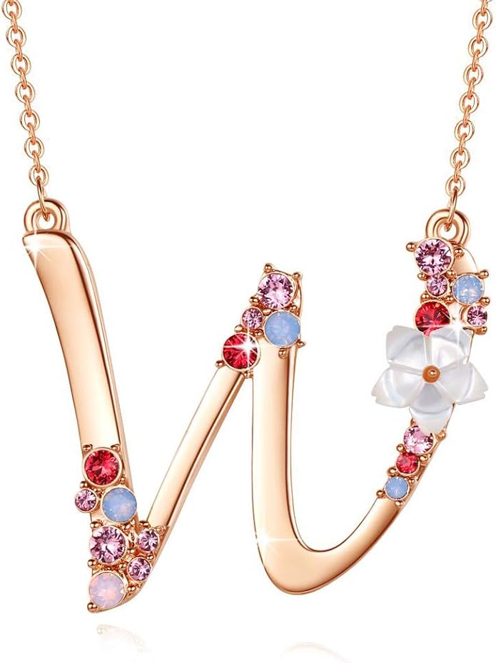 Flower Initial Letter Necklace Pink Red Blue Simulated Pearl Pendant Name Jewelry Made with Austrian Crystals Rose Gold Plated Anniversary Birthday Gifts for Women,18"+2"