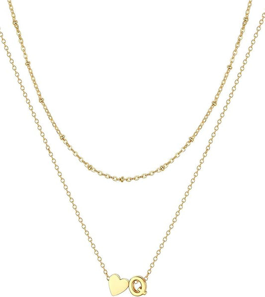 FOCALOOK Layered Initial Necklace for Women, 14K Gold Plated Choker Necklaces Stacks with Initial A-Z, Dainty Silver Heart Pendant Necklace Personalized Birthday Women Jewelry