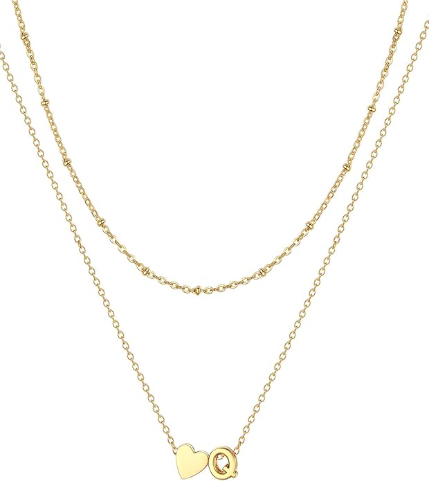 FOCALOOK Layered Initial Necklace for Women, 14K Gold Plated Choker Necklaces Stacks with Initial A-Z, Dainty Silver Heart Pendant Necklace Personalized Birthday Women Jewelry