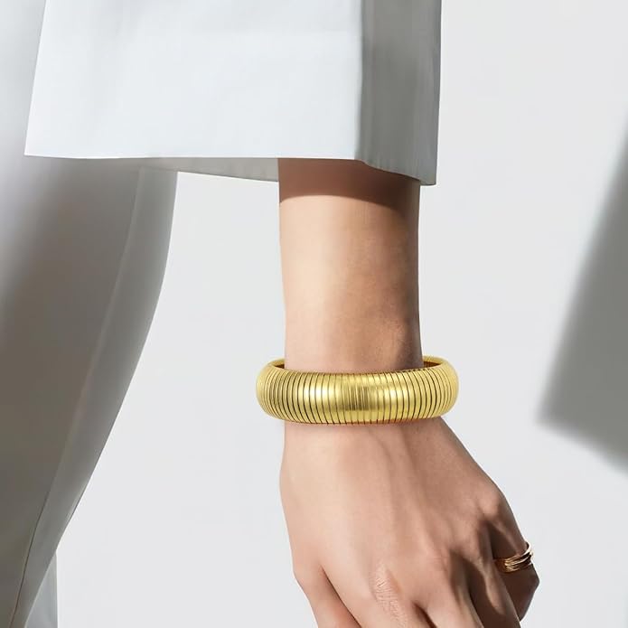 Emibele Gold Bangles Bracelet Set for Women, 18K Gold Plated Chunky Stainless Steel Non Tarnish Stretch Bracelet Stack, Flexible Wide Wristband Bangle Layered Snake Chain Bracelets