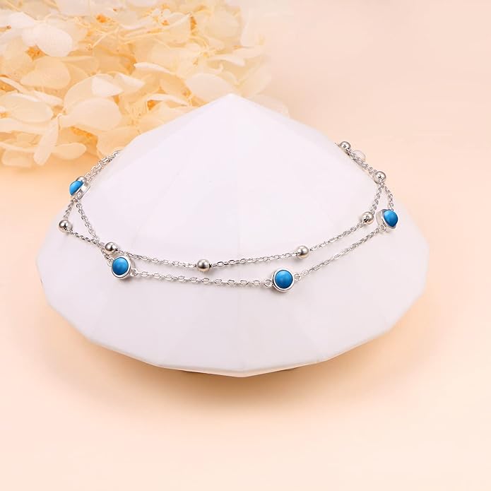 FLYOW Anklet for Women S925 Sterling Silver Adjustable Foot Beaded Heart Charm Ankle Bracelet Anklets Jewelry