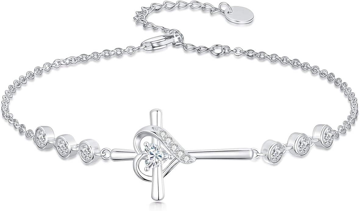 Cross Birthstone Charm Link Bracelet 925 Sterling Silver Cross Bracelet with 12 Months Birthstone Religious Christian Jewelry Gifts for Women Mom Her,Chain Length 7"+2" Extend