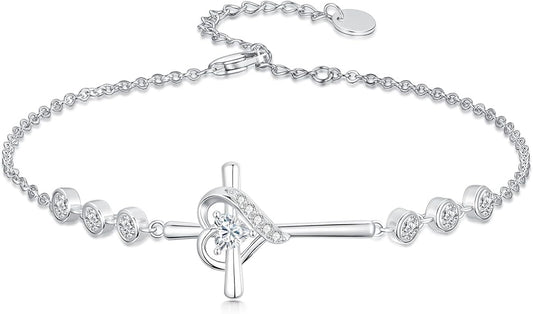 Cross Birthstone Charm Link Bracelet 925 Sterling Silver Cross Bracelet with 12 Months Birthstone Religious Christian Jewelry Gifts for Women Mom Her,Chain Length 7"+2" Extend